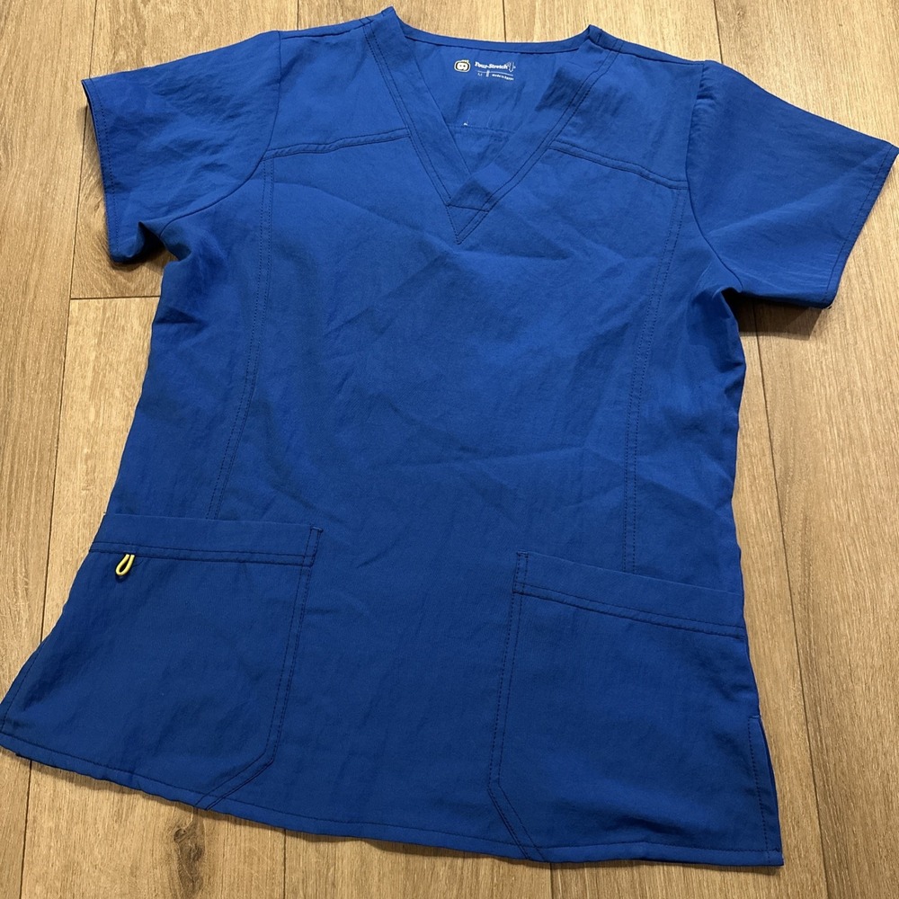 Four Stretch Women's Scrub Top‎ Stretch Blue Medical Pockets Medium